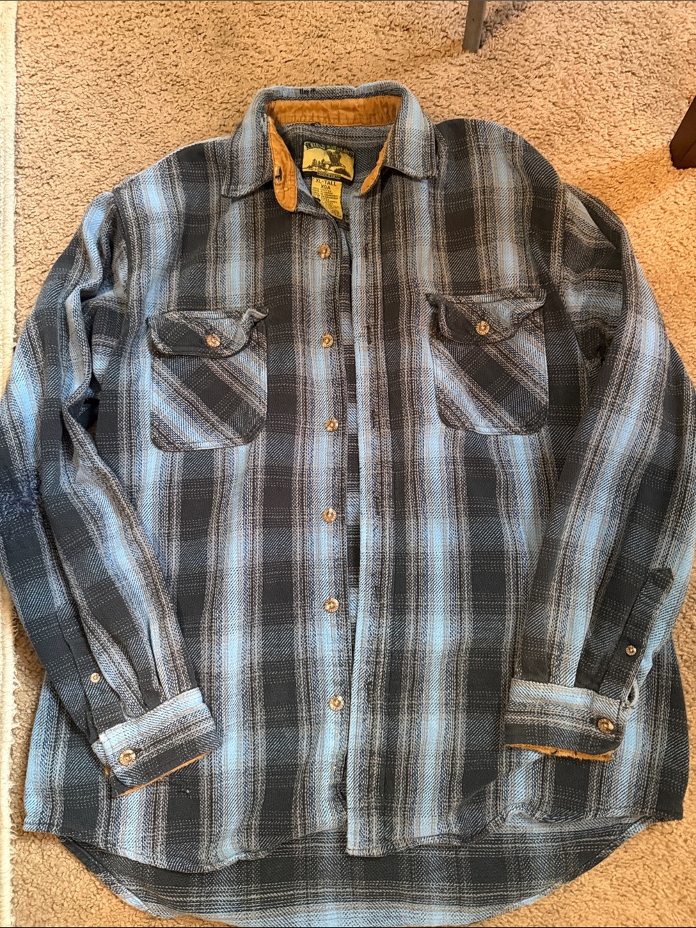 Field & Stream Blue and Black Plaid Shirt with Tan Collar Trim